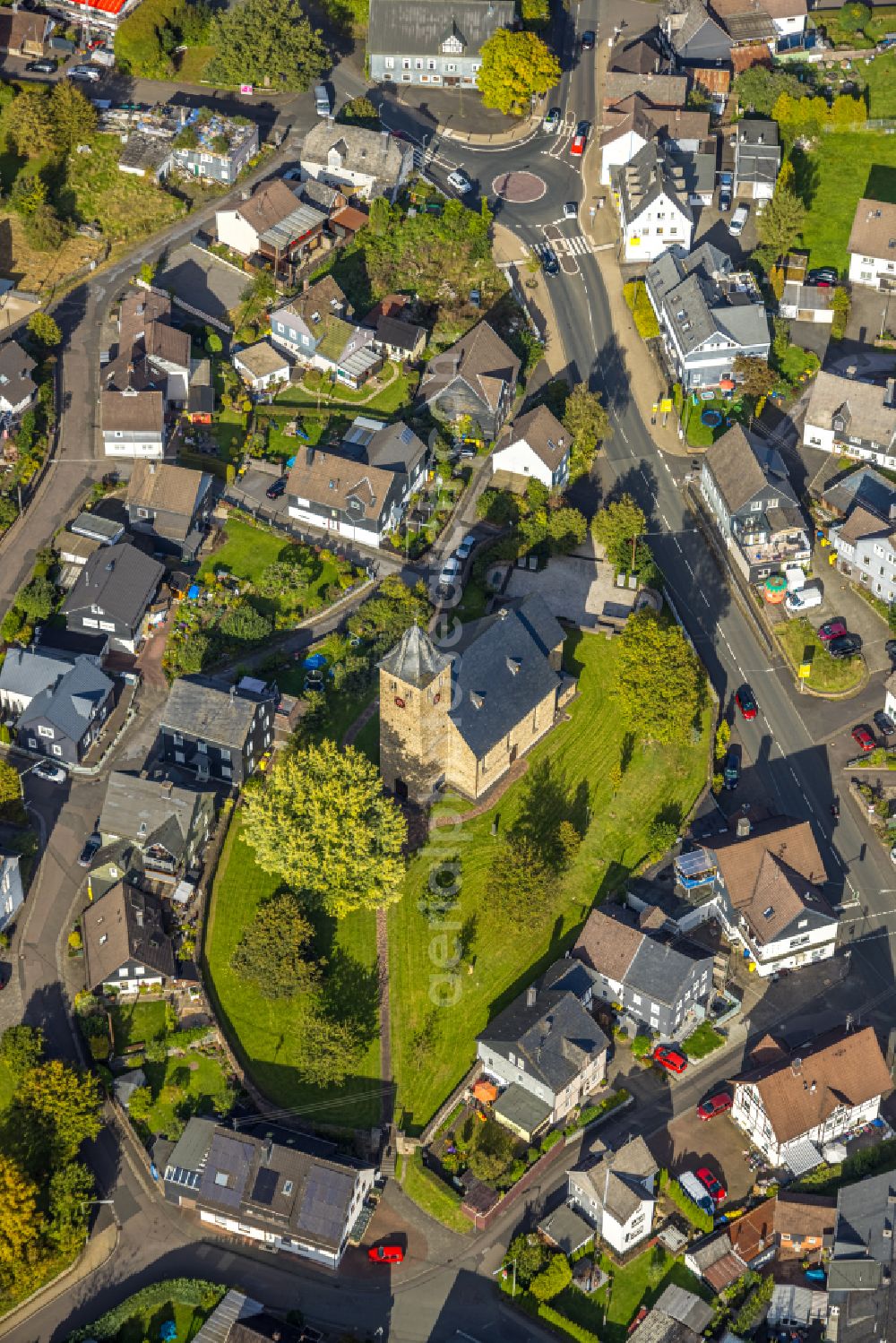 Krombach from above - Church building in Krombach at Siegerland in the state North Rhine-Westphalia, Germany