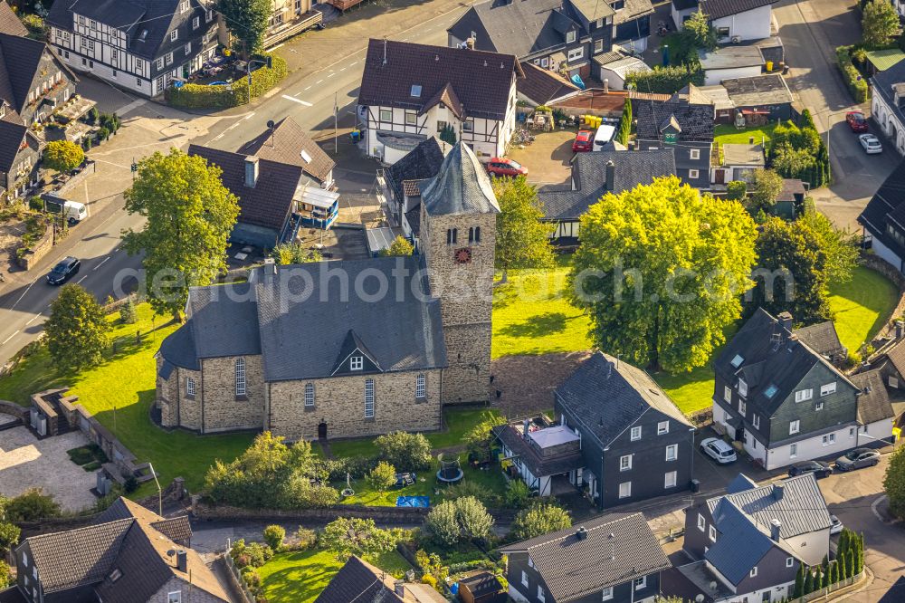 Krombach from above - Church building on street Kirchweg in Krombach at Siegerland in the state North Rhine-Westphalia, Germany