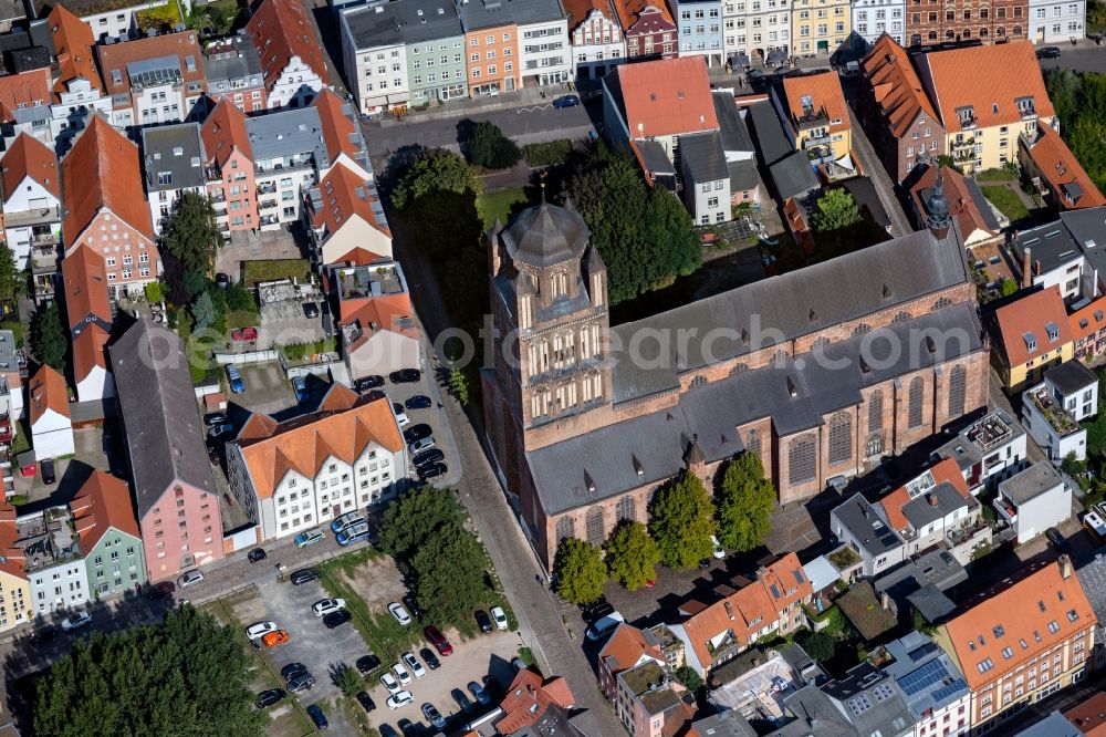 Stralsund from above - Church building in Kulturkirche St. Jacobi Old Town- center of downtown in Stralsund in the state Mecklenburg - Western Pomerania, Germany