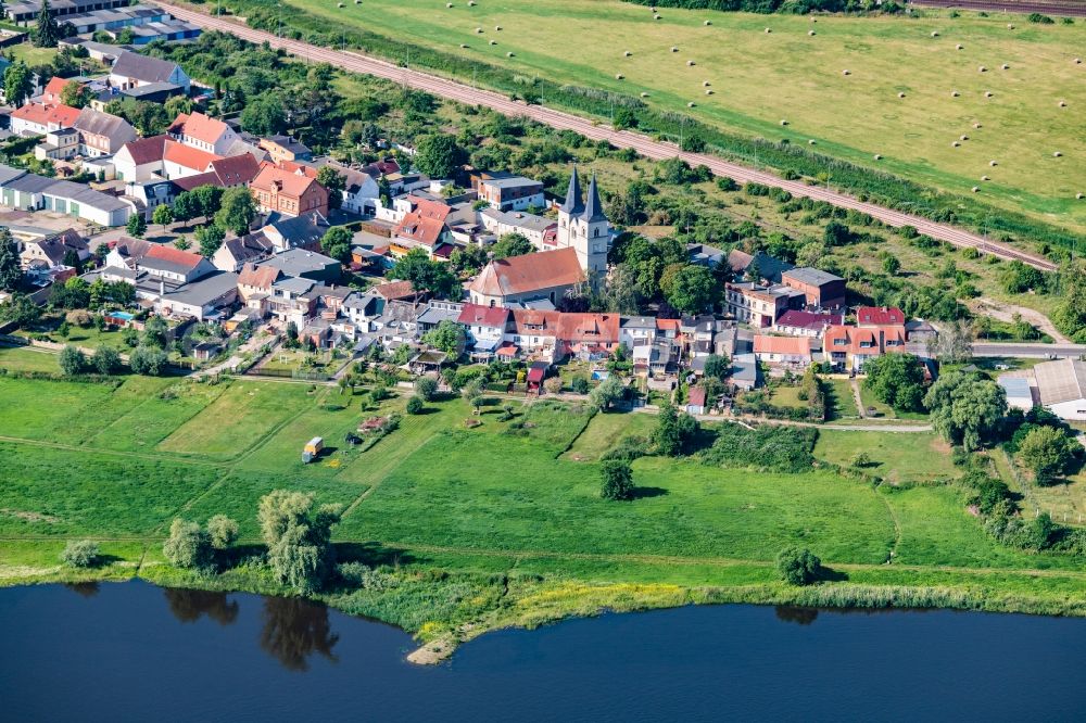 Frohse from above - Church building St. Laurentii in the center of the village in Frohse in the state Saxony-Anhalt, Germany