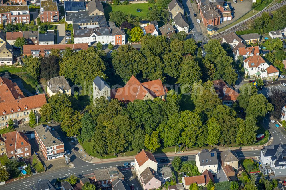 Aerial image Beckum - Church building Liebfrauenkirche on street Antoniusstrasse in Beckum at Ruhrgebiet in the state North Rhine-Westphalia, Germany