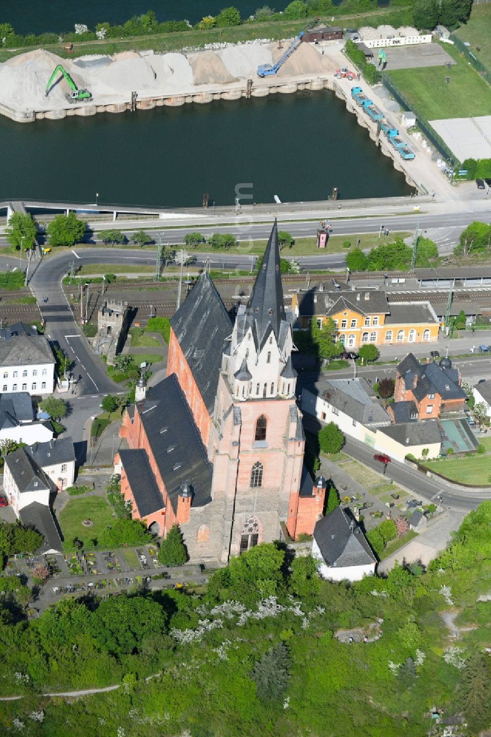 Oberwesel from above - Church building Liebfrauenkirche in Oberwesel in the state Rhineland-Palatinate, Germany