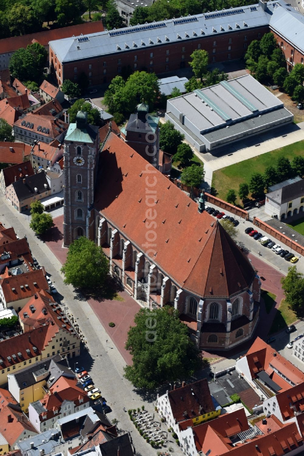 Ingolstadt from above - Church building in Liebfrauenmuenster on Kreuzstrasse Old Town- center of downtown in Ingolstadt in the state Bavaria, Germany