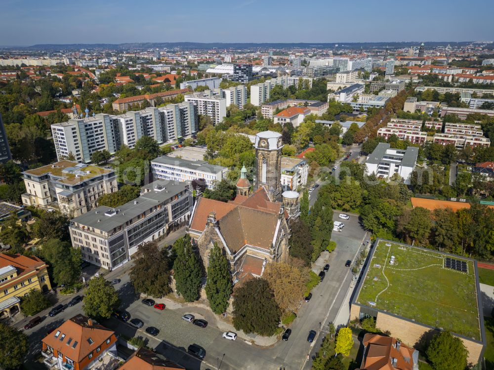 Dresden from the bird's eye view: Church building Lukaskirche on place Lukasplatz in the district Suedvorstadt in Dresden in the state Saxony, Germany