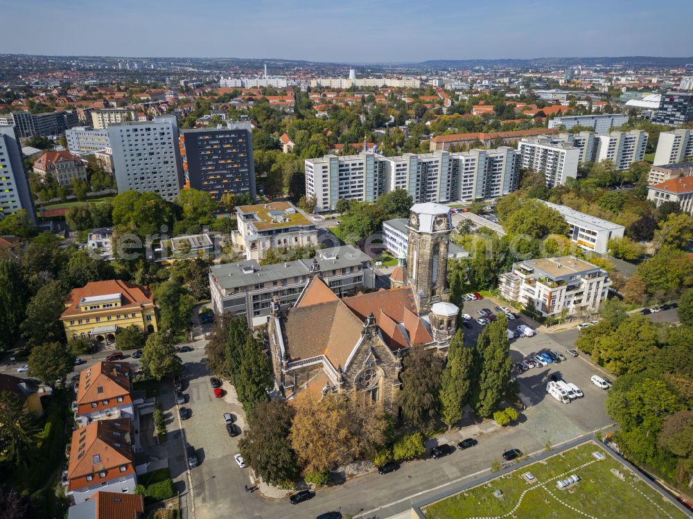 Aerial image Dresden - Church building Lukaskirche on place Lukasplatz in the district Suedvorstadt in Dresden in the state Saxony, Germany