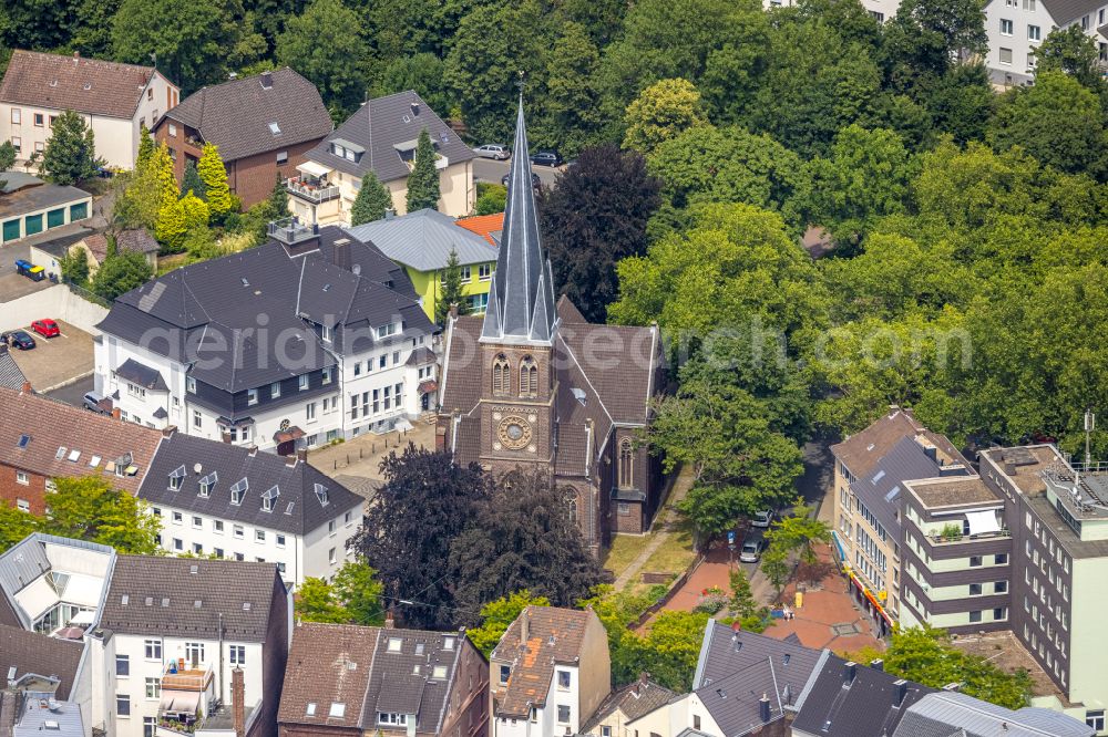 Aerial image Castrop-Rauxel - Church building Lutherkirche on street Wittener Strasse in Castrop-Rauxel at Ruhrgebiet in the state North Rhine-Westphalia, Germany