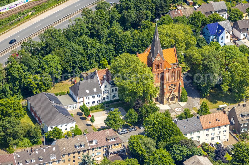 Herne from above - Church building Lutherkirche on street Unser-Fritz-Strasse in the district Wanne-Eickel in Herne at Ruhrgebiet in the state North Rhine-Westphalia, Germany