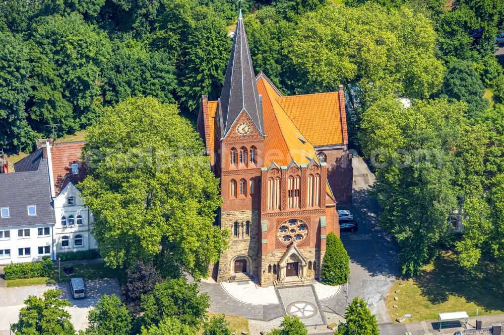 Herne from the bird's eye view: Church building Lutherkirche on street Unser-Fritz-Strasse in the district Wanne-Eickel in Herne at Ruhrgebiet in the state North Rhine-Westphalia, Germany