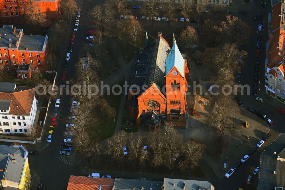 Aerial image Berlin - Church building Lutherkirche on Lutherplatz in the district Spandau in Berlin, Germany