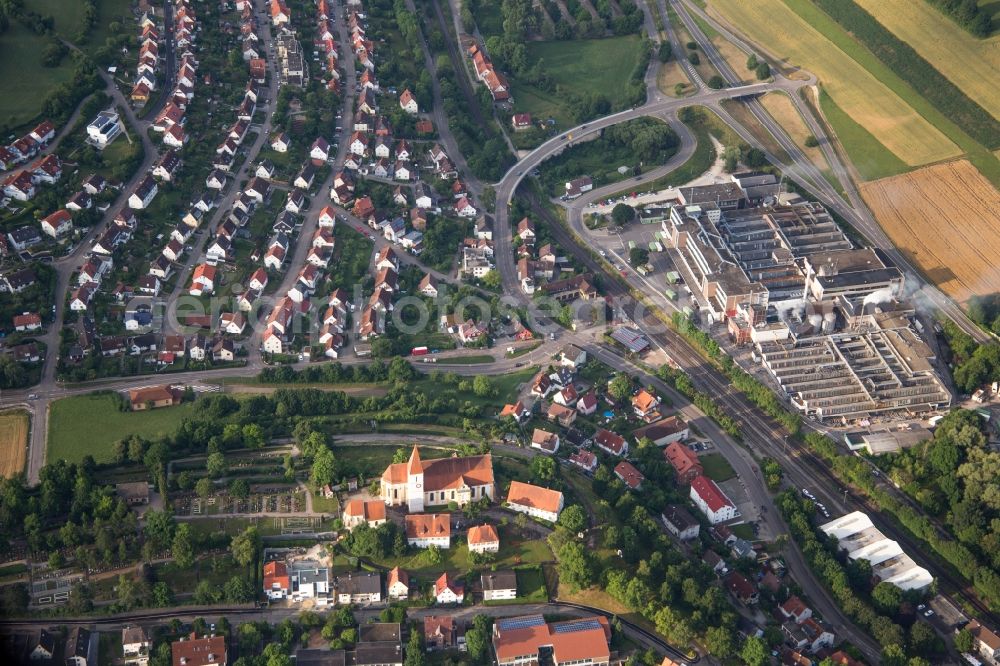 Aalen from above - Church building in the village of in the district Unterkochen in Aalen in the state Baden-Wuerttemberg, Germany