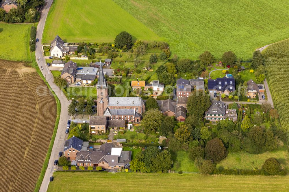 Dornbusch from above - Church building St. Maria Hilfe d. Christen in the village center on Barionstrasse in Dornbusch in the state of North Rhine-Westphalia, Germany