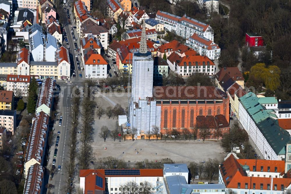 München from above - Church building Mariahilfkirche on Mariahilfplatz in the district Au-Haidhausen in Munich in the state Bavaria, Germany