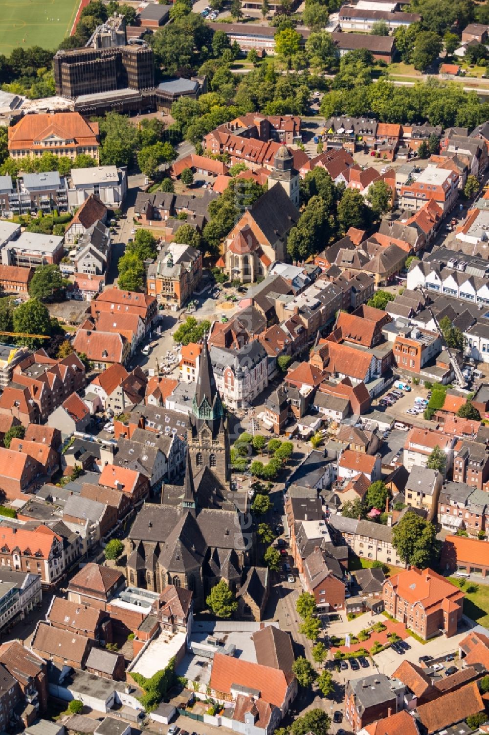 Ahlen from above - Church building St. Marien on Marienplatz in Ahlen in the state North Rhine-Westphalia, Germany