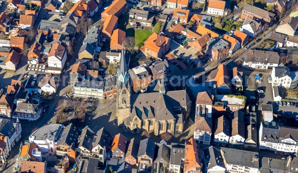 Aerial image Ahlen - Church building St. Marien on Marienplatz in Ahlen in the state North Rhine-Westphalia, Germany