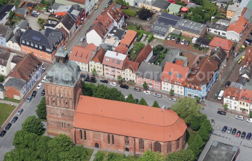 Ribnitz-Damgarten from above - Church building in St. Marien Old Town- center of downtown in Ribnitz-Damgarten in the state Mecklenburg - Western Pomerania, Germany