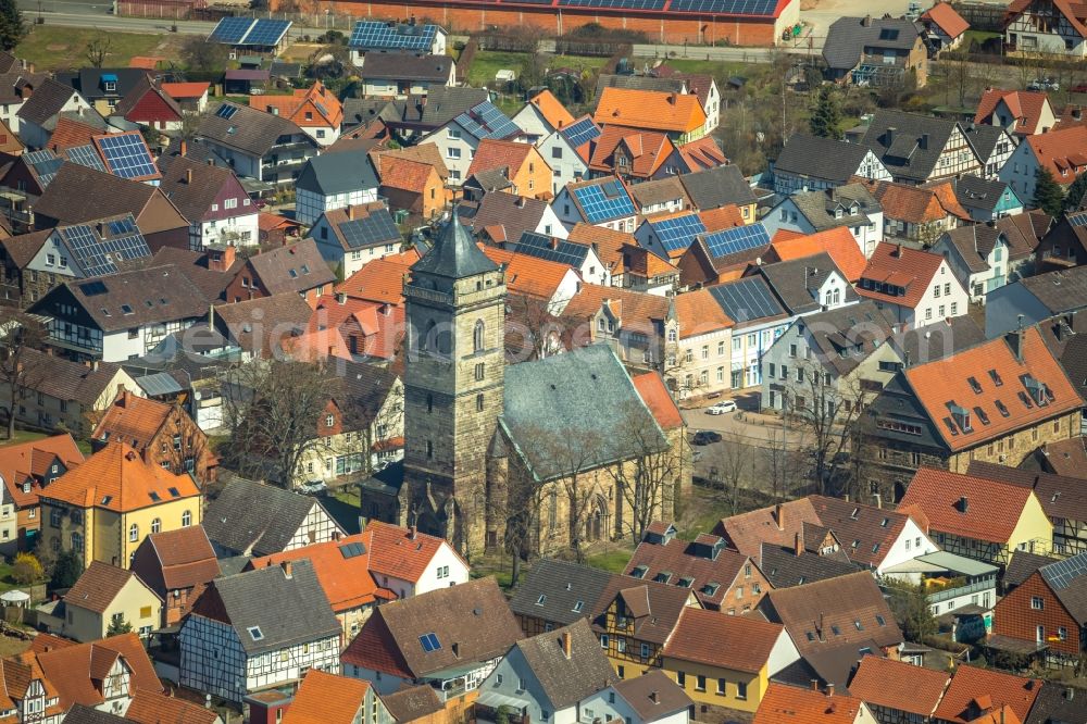 Volkmarsen from above - Church building St. Marien on Moenchepfuhl in Volkmarsen in the state Hesse, Germany