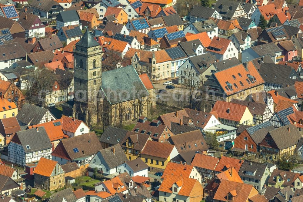 Volkmarsen from the bird's eye view: Church building St. Marien on Moenchepfuhl in Volkmarsen in the state Hesse, Germany