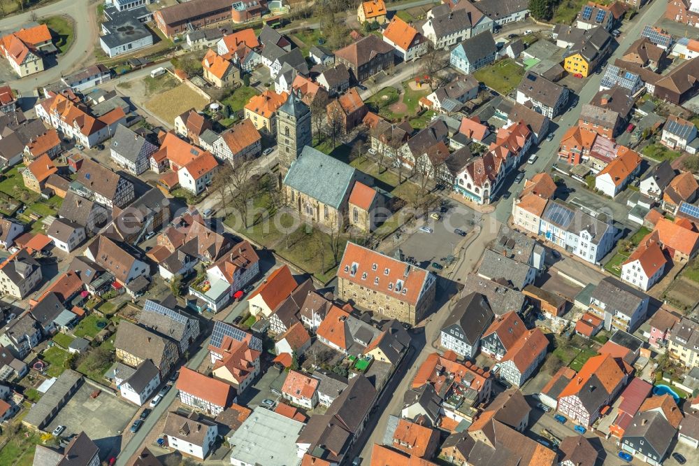 Aerial photograph Volkmarsen - Church building St. Marien on Moenchepfuhl in Volkmarsen in the state Hesse, Germany