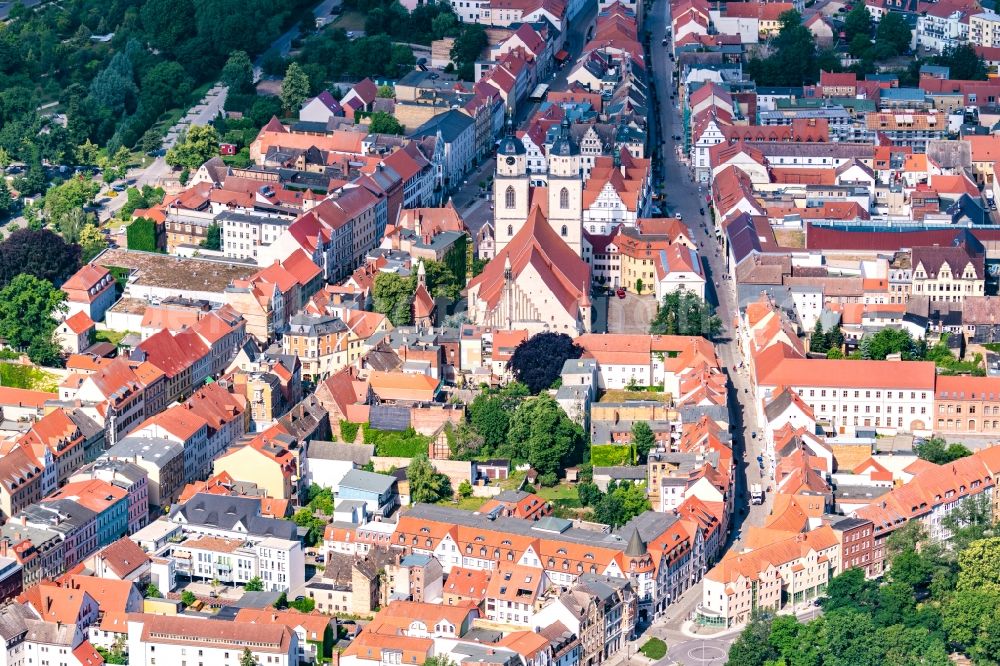 Aerial image Lutherstadt Wittenberg - Church building of the Marienkirche in the old town in Lutherstadt Wittenberg in the state Saxony-Anhalt, Germany