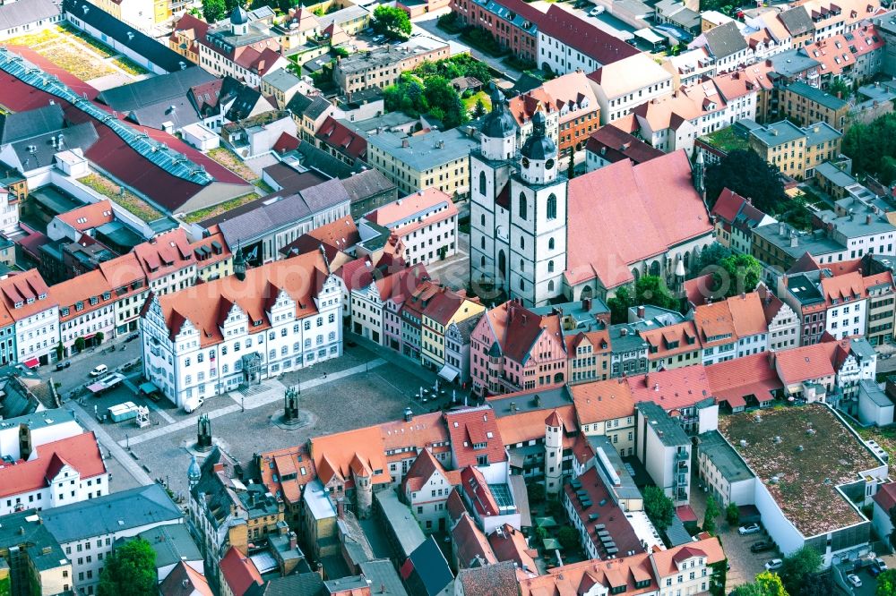 Lutherstadt Wittenberg from the bird's eye view: Church building of the Marienkirche in the old town in Lutherstadt Wittenberg in the state Saxony-Anhalt, Germany