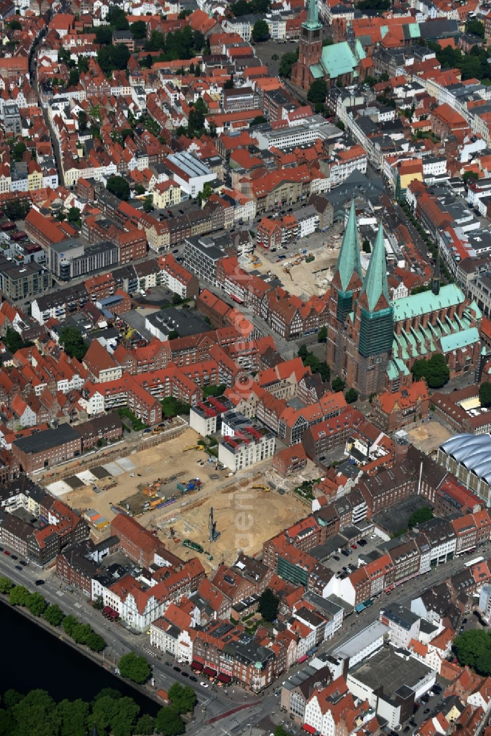 Lübeck from the bird's eye view: Church building of St. Mary's Church in Old Town- center in Luebeck in Schleswig-Holstein