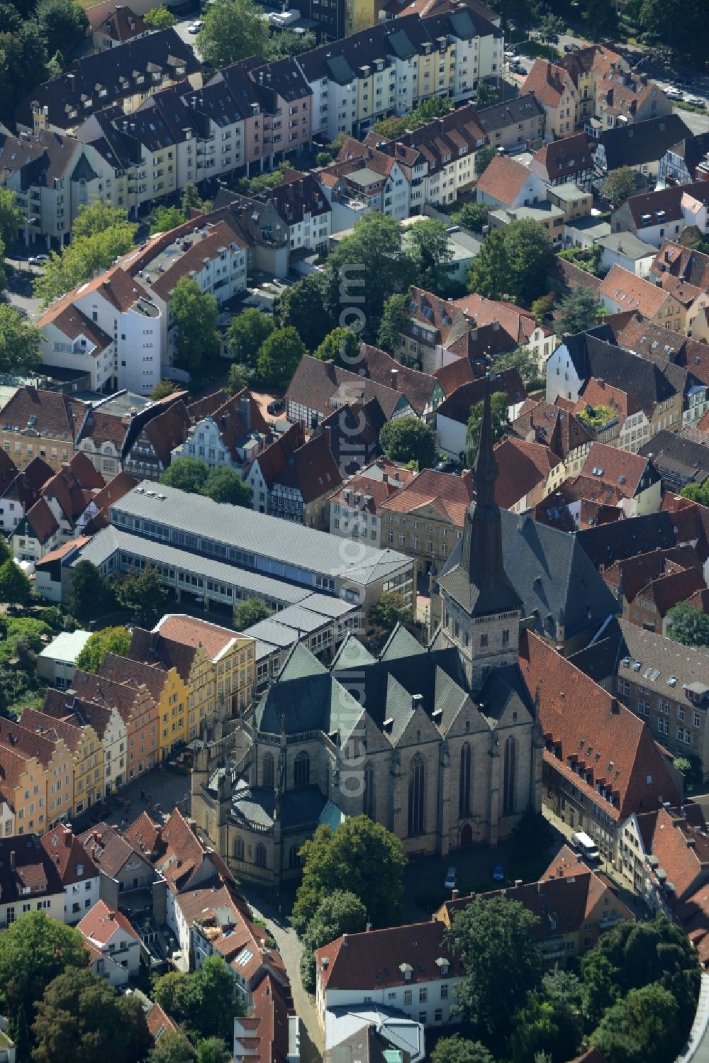 Aerial image Osnabrück - Church building of St. Marien in the Old Town- center of downtown in Osnabrueck in the state of Lower Saxony