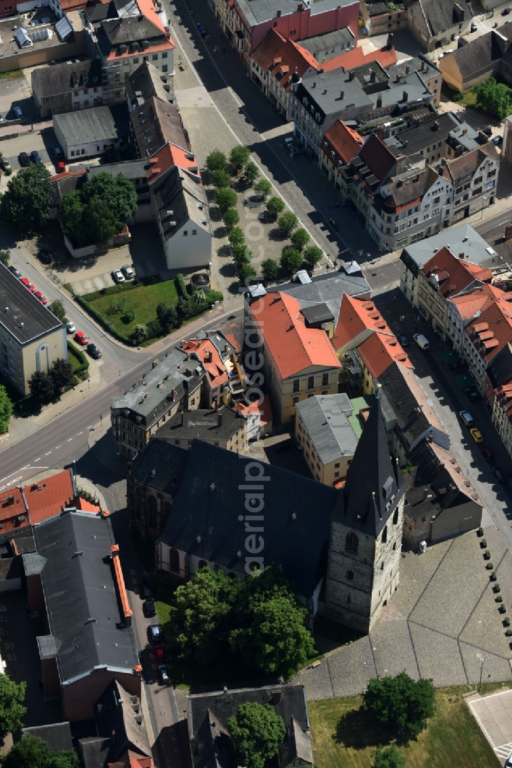 Aerial image Bernburg (Saale) - Church building of Marienkirche in the Old Town- center of Bernburg (Saale) in the state of Saxony-Anhalt