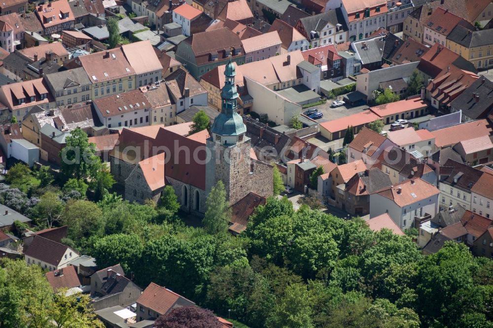 Bad Belzig from above - Church building St. Marienkirche in Bad Belzig in the state Brandenburg, Germany