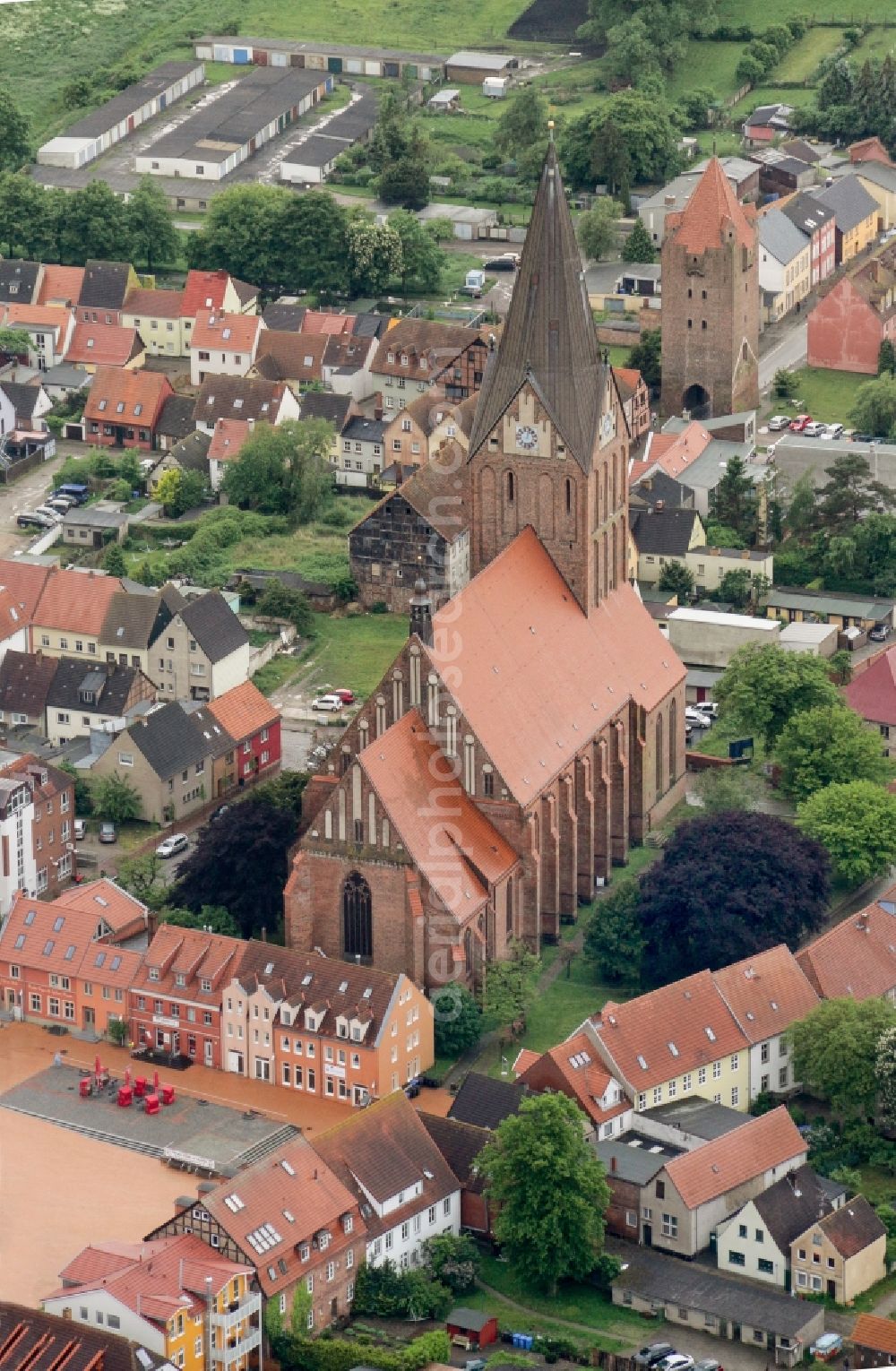 Barth from above - Church building Marienkirche in Barth in the state Mecklenburg - Western Pomerania, Germany