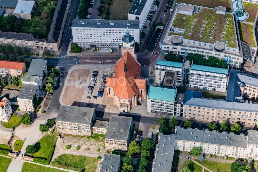 Aerial photograph Dessau - Church building in Marienkirche Old Town- center of downtown in Dessau in the state Saxony-Anhalt, Germany