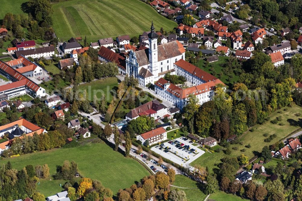 Aerial image Dießen am Ammersee - Church building of the cathedral of Marienkirche in Diessen am Ammersee in the state Bavaria, Germany