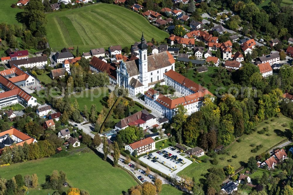 Aerial photograph Dießen am Ammersee - Church building of the cathedral of Marienkirche in Diessen am Ammersee in the state Bavaria, Germany