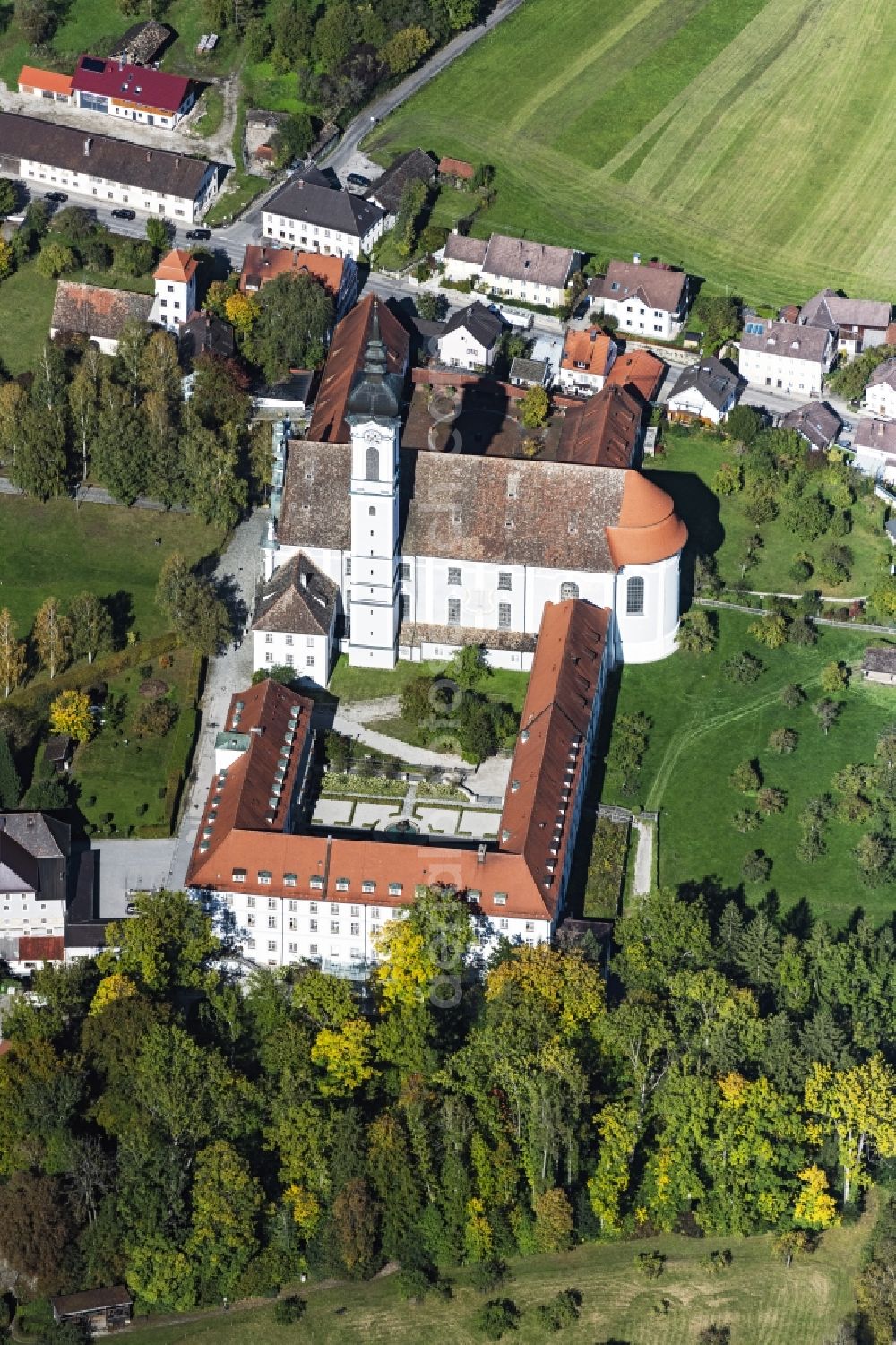 Dießen am Ammersee from above - Church building of the cathedral of Marienkirche in Diessen am Ammersee in the state Bavaria, Germany