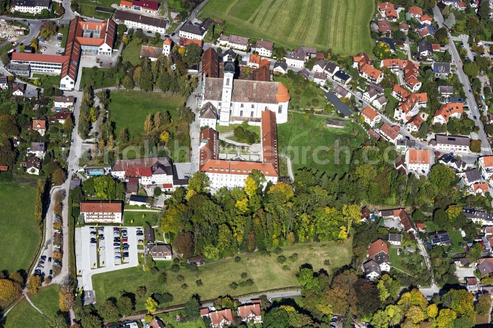 Dießen am Ammersee from above - Church building of the cathedral of Marienkirche in Diessen am Ammersee in the state Bavaria, Germany