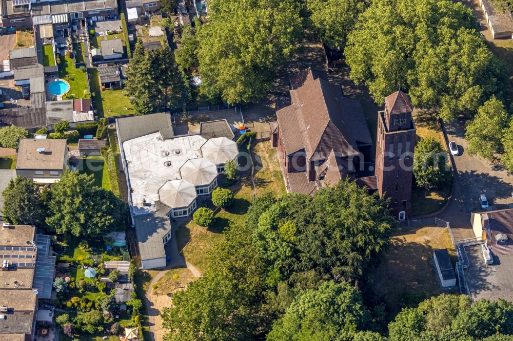 Dinslaken from above - Church building Marienkirche in Dinslaken at Ruhrgebiet in the state North Rhine-Westphalia, Germany