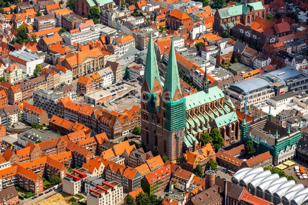 Lübeck from above - Church building Marienkirche in Luebeck in the state Schleswig-Holstein