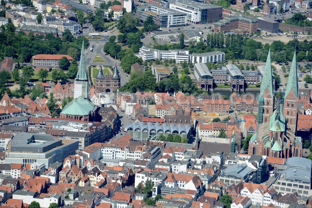 Lübeck from above - Church building in Marienkirche on Marienkirchhof Old Town- center of downtown in Luebeck in the state Schleswig-Holstein