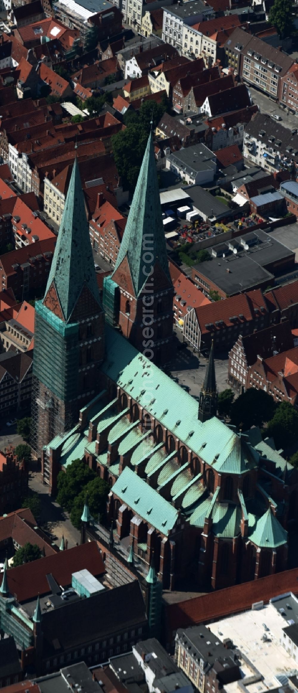 Lübeck from above - Church building in Marienkirche on Marienkirchhof Old Town- center of downtown in Luebeck in the state Schleswig-Holstein