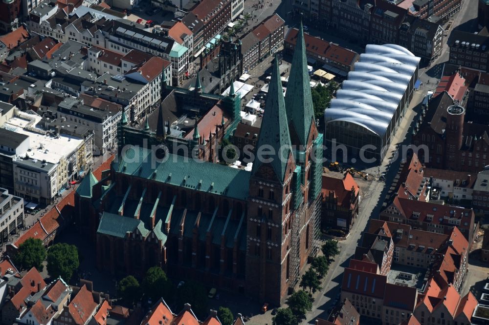 Lübeck from above - Church building in Marienkirche on Marienkirchhof Old Town- center of downtown in Luebeck in the state Schleswig-Holstein