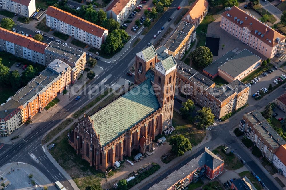 Prenzlau from above - Church building Marienkirche on Marienkirchstrasse in Prenzlau in the state Brandenburg, Germany