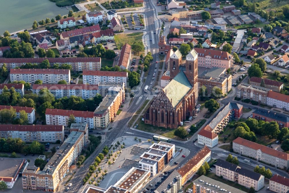 Aerial image Prenzlau - Church building of the cathedral of Maria in Prenzlau in the state Brandenburg, Germany