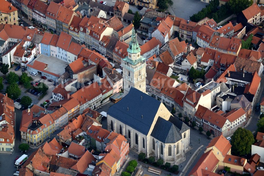 Bad Langensalza from the bird's eye view: Church building in Marktkirche Old Town- center of downtown in Bad Langensalza in the state Thuringia