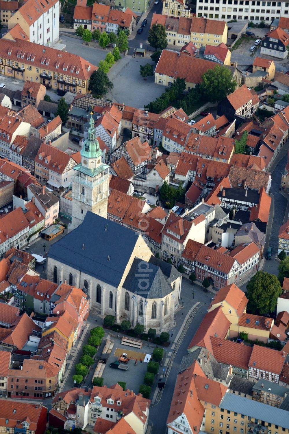 Bad Langensalza from above - Church building in Marktkirche Old Town- center of downtown in Bad Langensalza in the state Thuringia