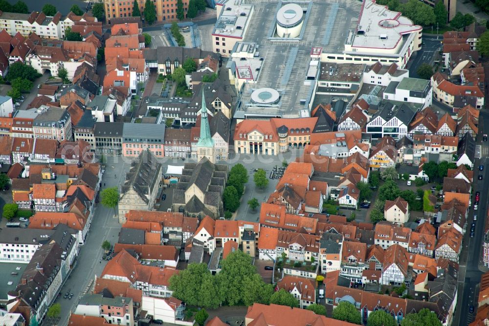 Hameln from above - Church building in of Marktkirche St. Nicolai Old Town- center of downtown in Hameln in the state Lower Saxony, Germany