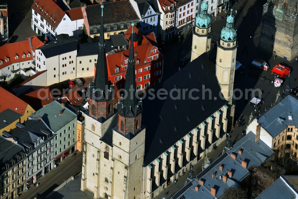 Aerial image Halle (Saale) - Church building in Marktkirche Unser lieben Frauen Old Town- center of downtown in the district Mitte in Halle (Saale) in the state Saxony-Anhalt