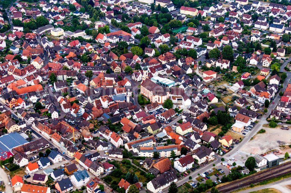 Aerial image Riegel am Kaiserstuhl - Church building in of the Church of St. Martin in Old Town- center of downtown in Riegel am Kaiserstuhl in the state Baden-Wuerttemberg, Germany