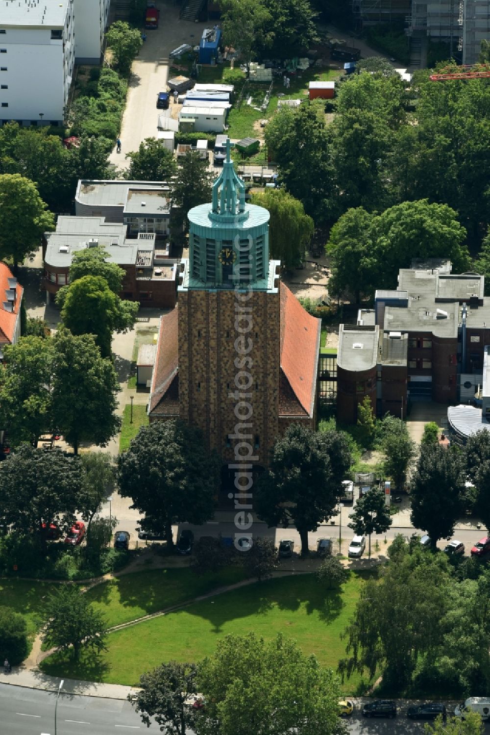 Berlin from above - Church building Martin-Luther-Gedaechtnis-Kirche of Evangelischen Kirchengemeinde in the district Mariendorf in Berlin, Germany