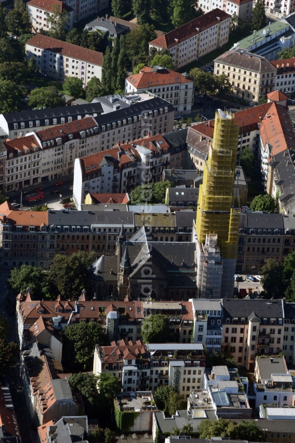Aerial image Dresden - Framework for restoration at the church spire of church building Martin-Luther-Kirche in Dresden in the state Saxony