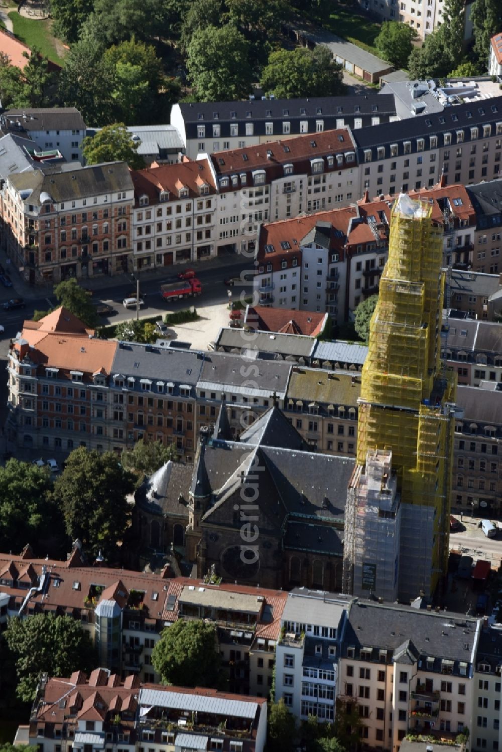Aerial photograph Dresden - Framework for restoration at the church spire of church building Martin-Luther-Kirche in Dresden in the state Saxony