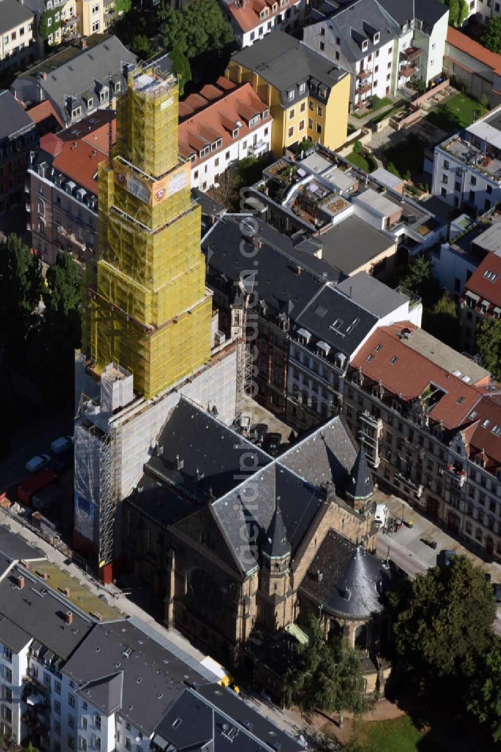 Dresden from the bird's eye view: Framework for restoration at the church spire of church building Martin-Luther-Kirche in Dresden in the state Saxony